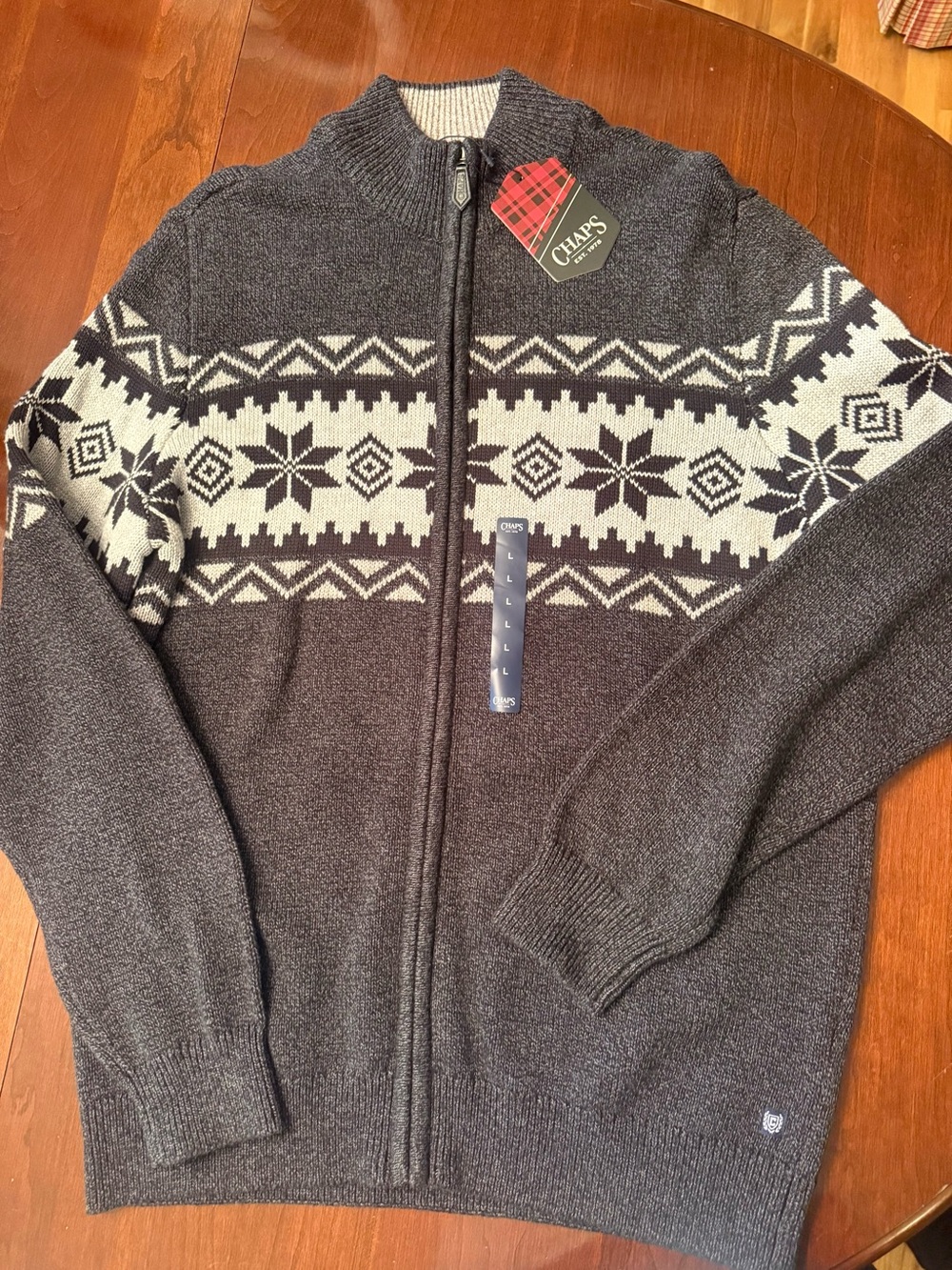 NWT Chaps Men's Charcoal Zip-Up Sweater with Cream Fair Isle Yoke